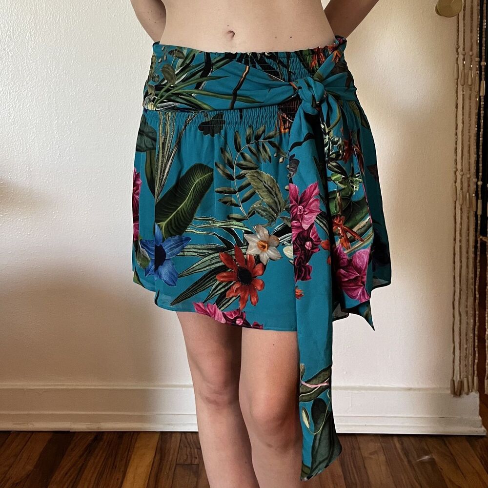 Vintage Y2K Blue Tropical 100% Silk Mini Skirt Size 4 Tie Front Ruched Waistband